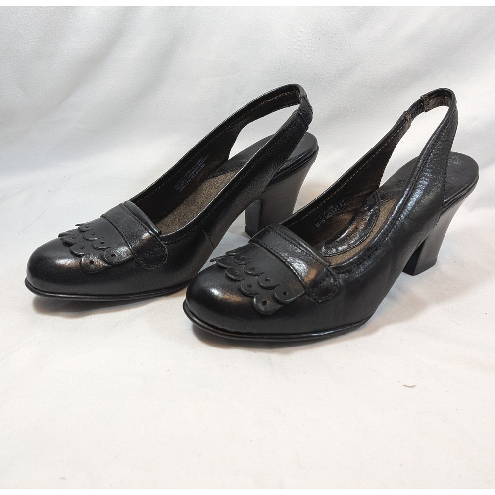 Born Black Leather Slingback Heels; Scalloped Kiltie Loafer Pumps